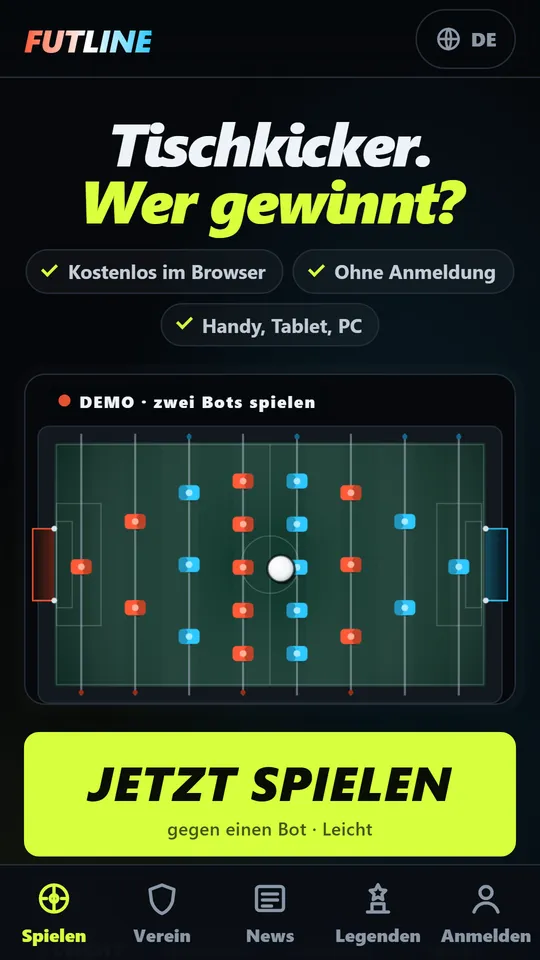 Die Startseite auf dem Handy mit einem Demospiel von zwei Bots und dem großen Knopf zum Losspielen.