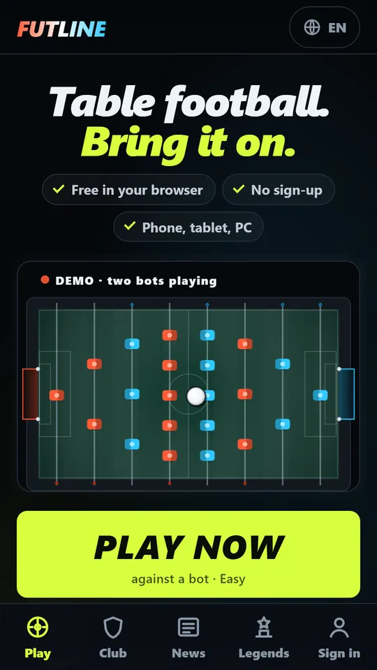 The start page on a phone with a demo match of two bots and the big button to start playing.