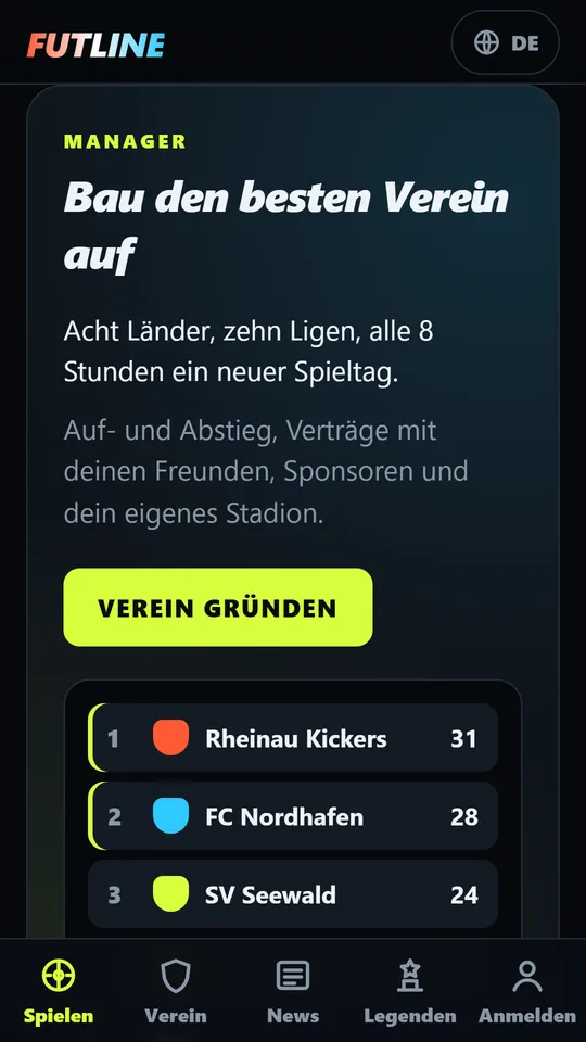 Der Managerteil der Startseite: eigenen Verein gründen und in den Ligen aufsteigen.