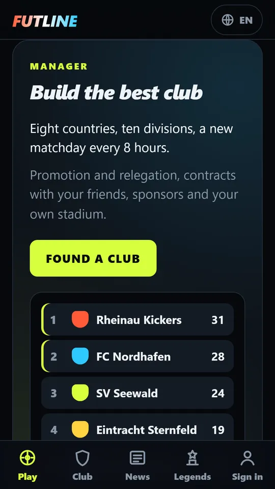 The manager part of the start page: found your own club and climb the leagues.