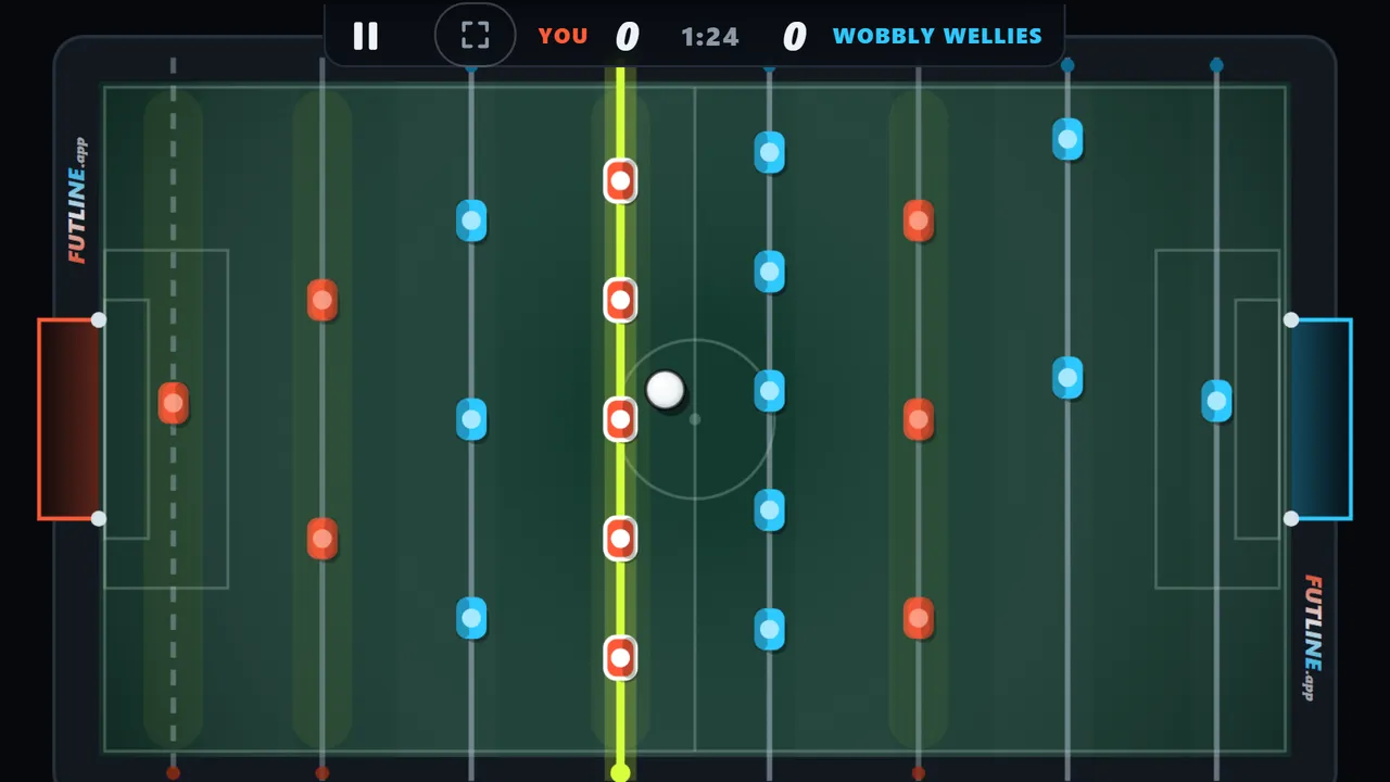 A match against the computer in landscape: the table from above with red and blue figures on the rods, the score and the time at the top.