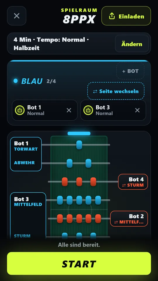 Der Spielraum für bis zu 4 gegen 4: Spieler und Bots teilen sich die Stangen des blauen und des roten Teams.