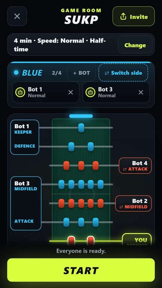 The game room for up to 4 vs 4: players and bots share the rods of the blue and the red team.