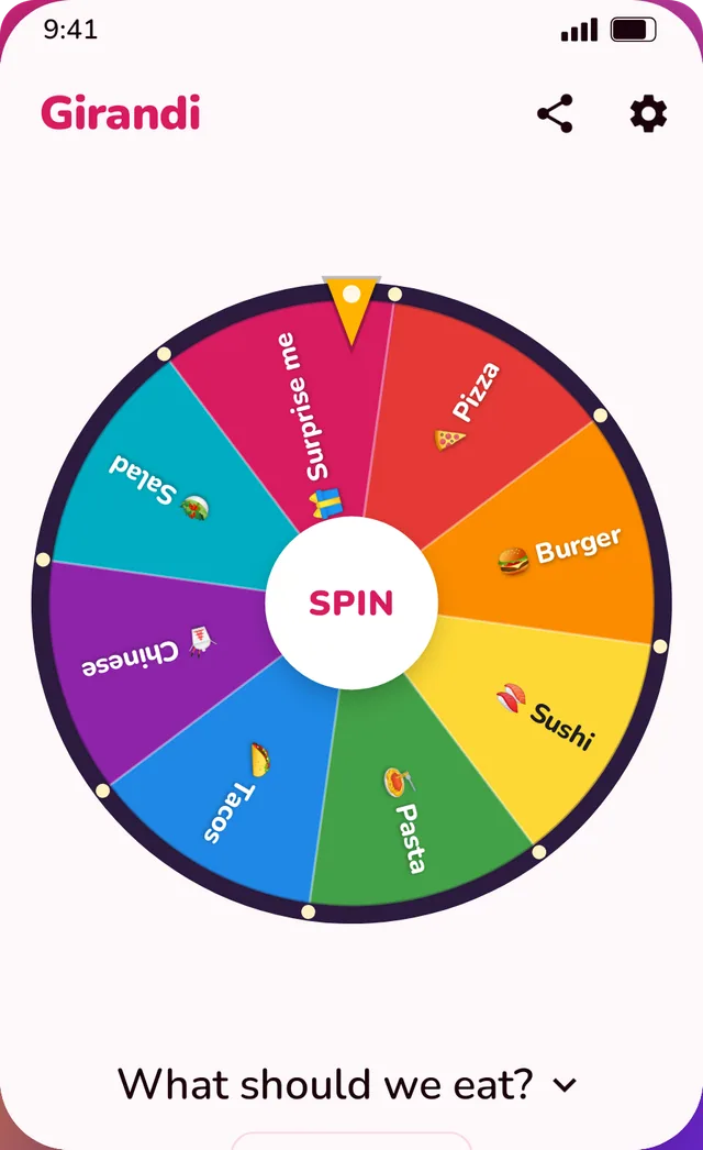 A colourful wheel titled What should we eat? with the Spin button in the centre