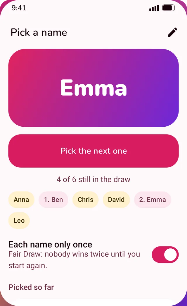 Pick a name: Emma was just drawn, each name only once
