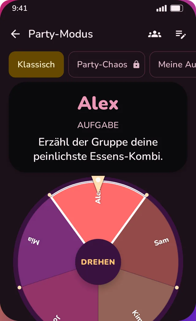 Party-Modus im dunklen Design: Das Rad hat Alex gewählt und zeigt eine Aufgabe