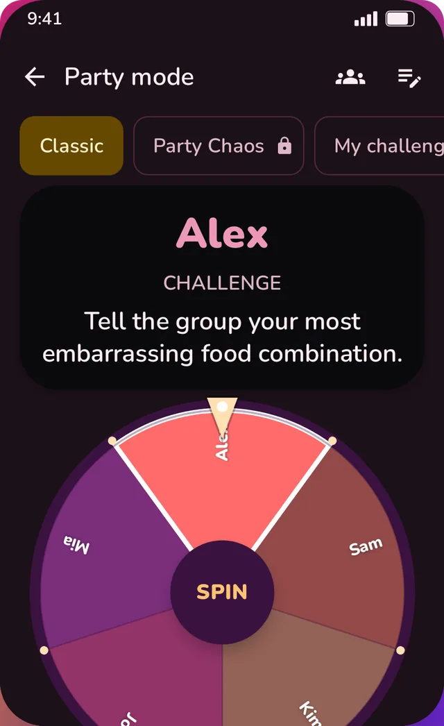 Party mode in a dark design: the wheel picked Alex and shows a challenge