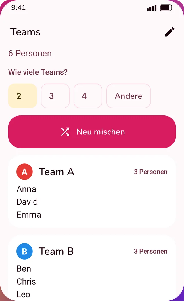 Zwei ausgeglichene Dreierteams mit einem Knopf zum neu Mischen