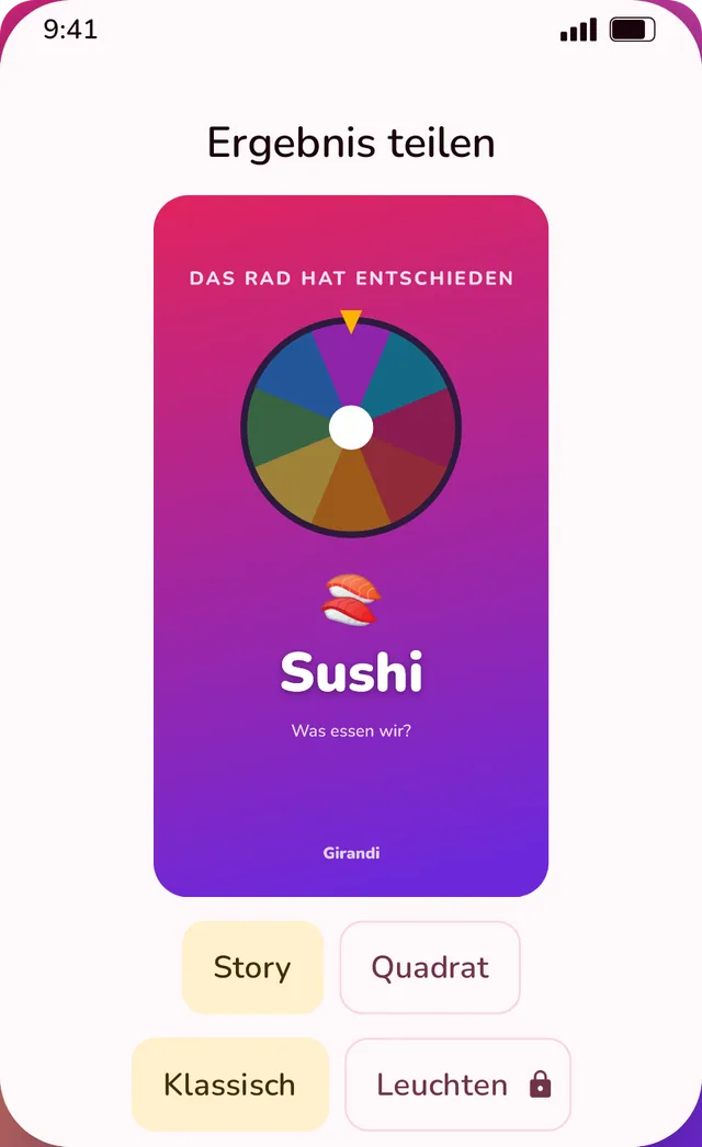 Ergebnis als Karte teilen: Das Rad hat entschieden, Sushi