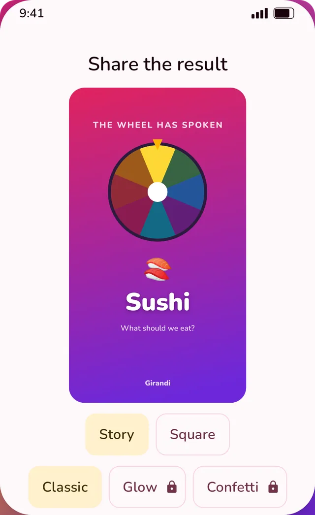Sharing the result as a card: The wheel has spoken, Sushi