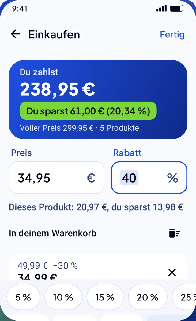 Einkaufsmodus mit fünf Produkten: du zahlst 238,95 € und sparst 61,00 €