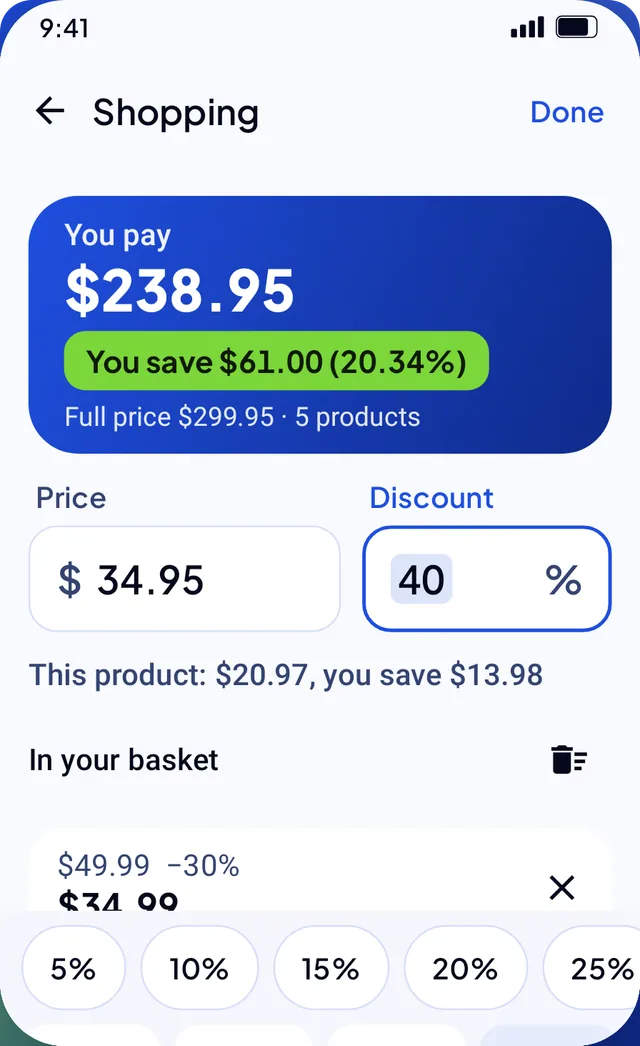 Shopping mode with five products: you pay 238.95 and save 61.00