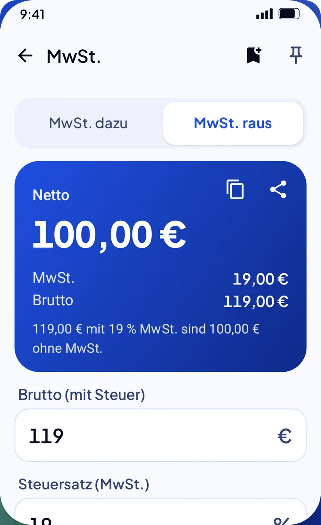 MwSt.-Rechner: 119,00 € inklusive 19 % MwSt. sind 100,00 € netto