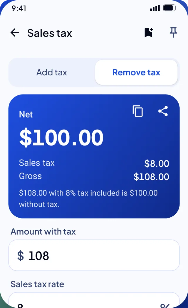 Tax calculator: 108.00 including 8% tax is 100.00 without tax