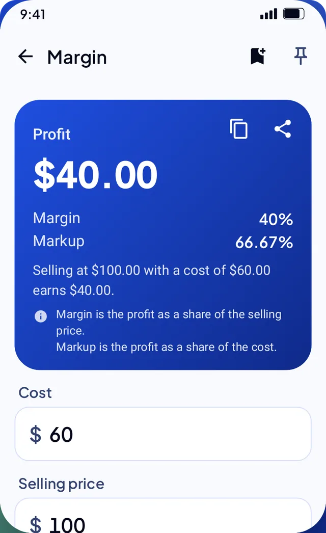 Margin calculator: cost 60, selling price 100, profit 40, margin 40% and markup 66.67%