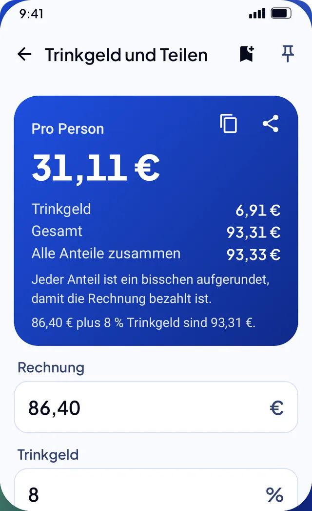 Trinkgeld und Teilen: eine Rechnung über 86,40 € mit Trinkgeld, auf drei Personen geteilt