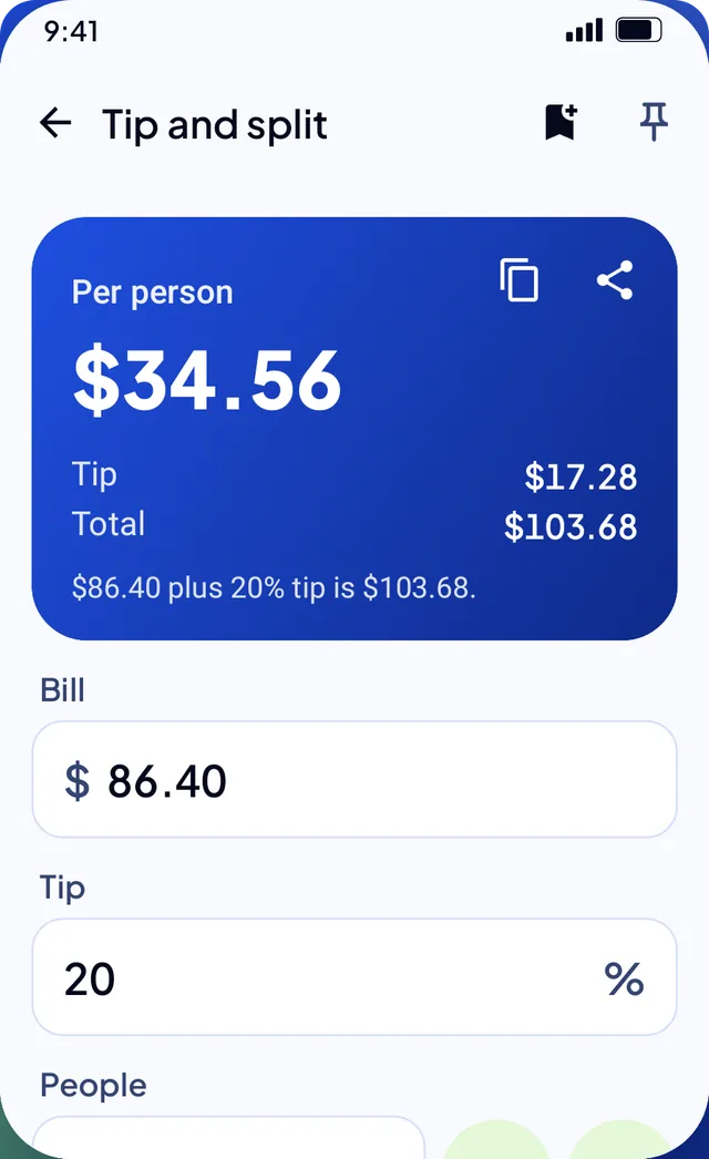 Tip and split: a bill of 86.40 with a tip, split between three people
