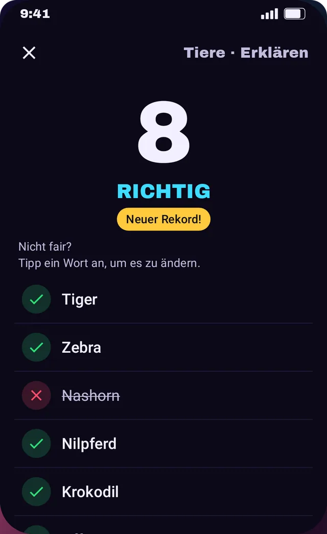 Rundenende: 8 richtig, neuer Rekord und die Liste der Wörter, erraten oder gepasst