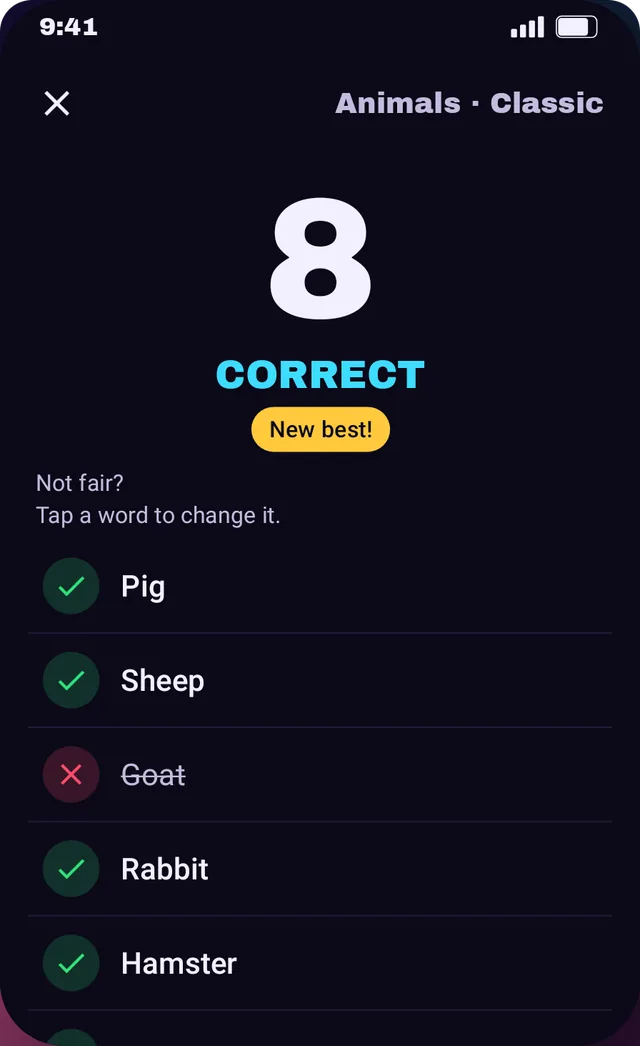 Round summary: 8 correct, a new record and the list of words, guessed or passed