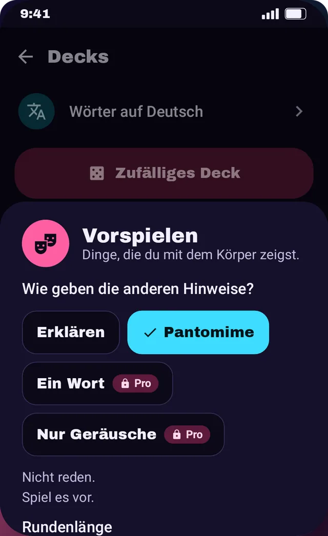 Deckliste mit den Regeln Erklären, Pantomime, Ein Wort und Nur Geräusche