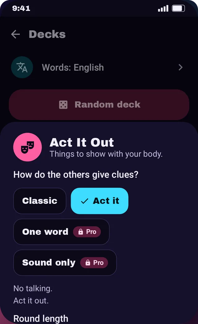 Deck list with the four rules Classic, Act it, One word and Sound only