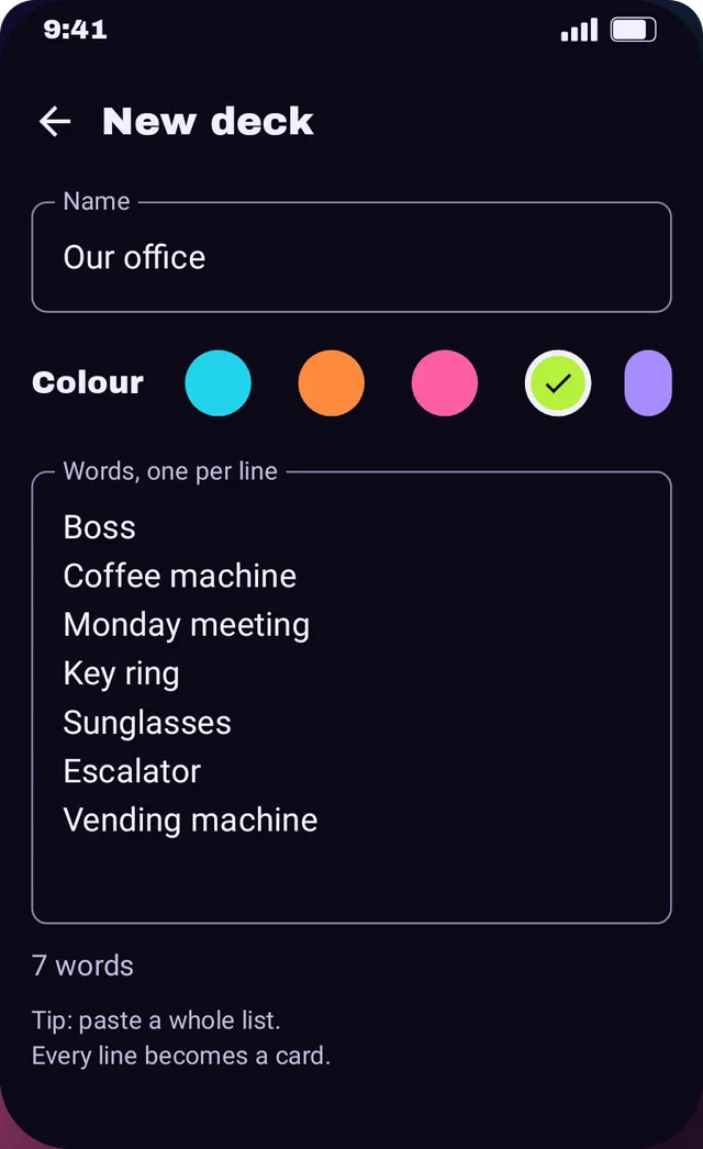 Making an own deck: name, colour and one word per line