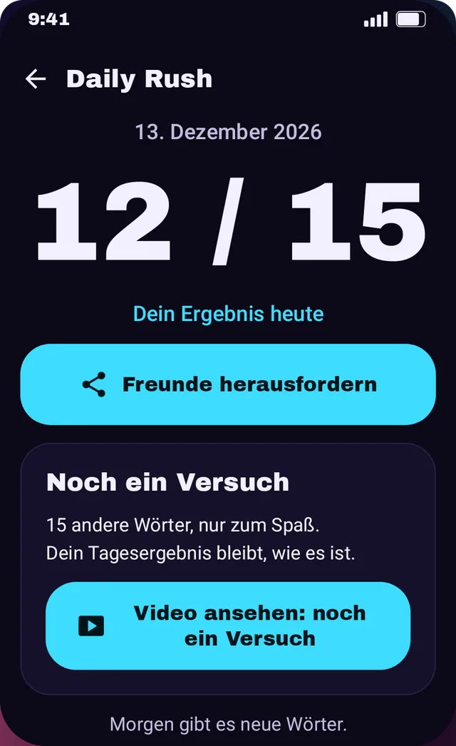 Daily Rush: heute 12 von 15 Wörtern, mit einem Knopf, um Freunde herauszufordern