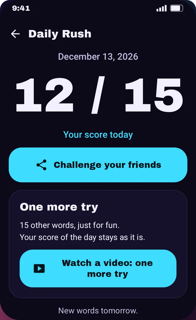 Daily Rush: today 12 of 15 words, with a button to challenge friends